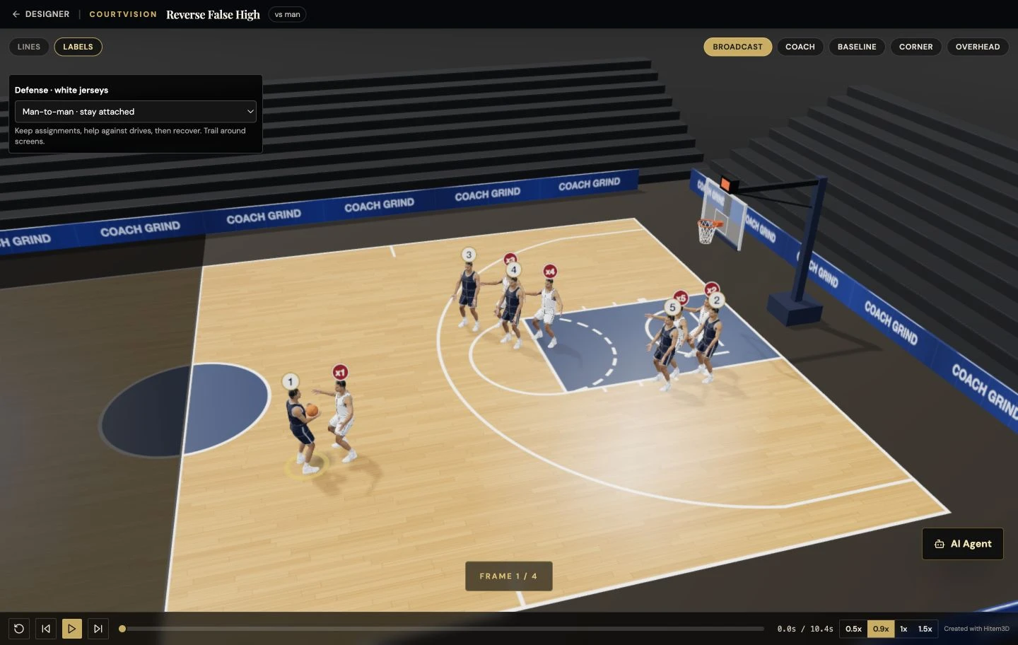 Actual CourtVision basketball workspace showing three-dimensional players on the hardwood court