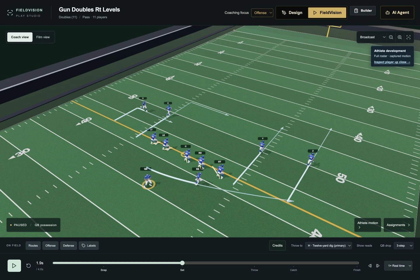Actual FieldVision football workspace showing three-dimensional players and drawn routes